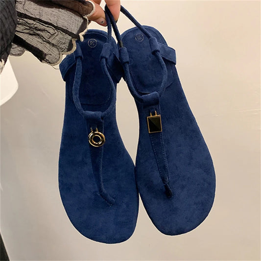 Aneikeh Summer Women'S Blue Suede T-Strap Flip Flops Metal Decor Flat Sandals Ankle Strap Casual Slingback Slippers Beach Shoes