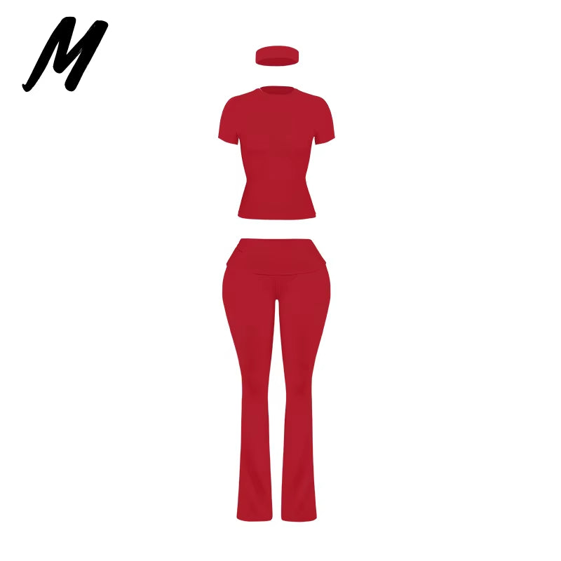 Women'S Custom Logo Short Sleeve T-Shirt Flared Hem Pants Two-Piece Set Regular Fit Sports Casual Spring/Summer Spandex/Cotton