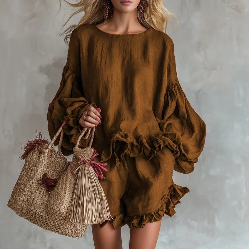 2 Pieces Set Sexy 2026 Summer Autumn Fashion Women Set Female Tops Brown Long Sleeve Tops and Shorts Suit Matching Outfit