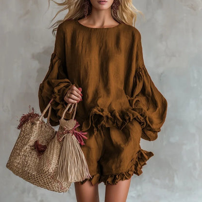 2 Pieces Set Sexy 2026 Summer Autumn Fashion Women Set Female Tops Brown Long Sleeve Tops and Shorts Suit Matching Outfit