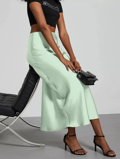 28 Colors New 2026 Women'S Elegant High Waist Satin Long Skirts Female Summer Solid Color Faldas Fashion Women Skirts KBA3