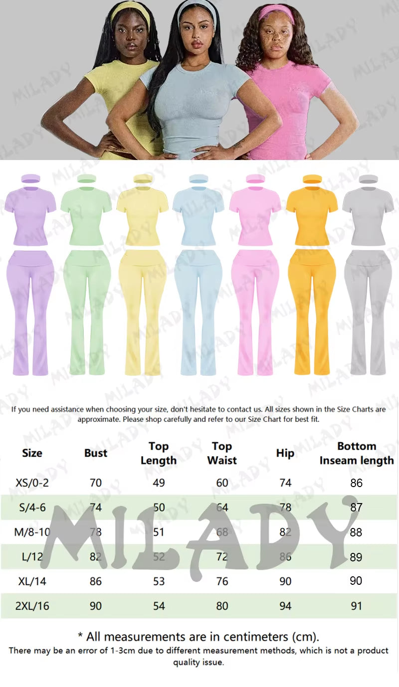 Women'S Custom Logo Short Sleeve T-Shirt Flared Hem Pants Two-Piece Set Regular Fit Sports Casual Spring/Summer Spandex/Cotton