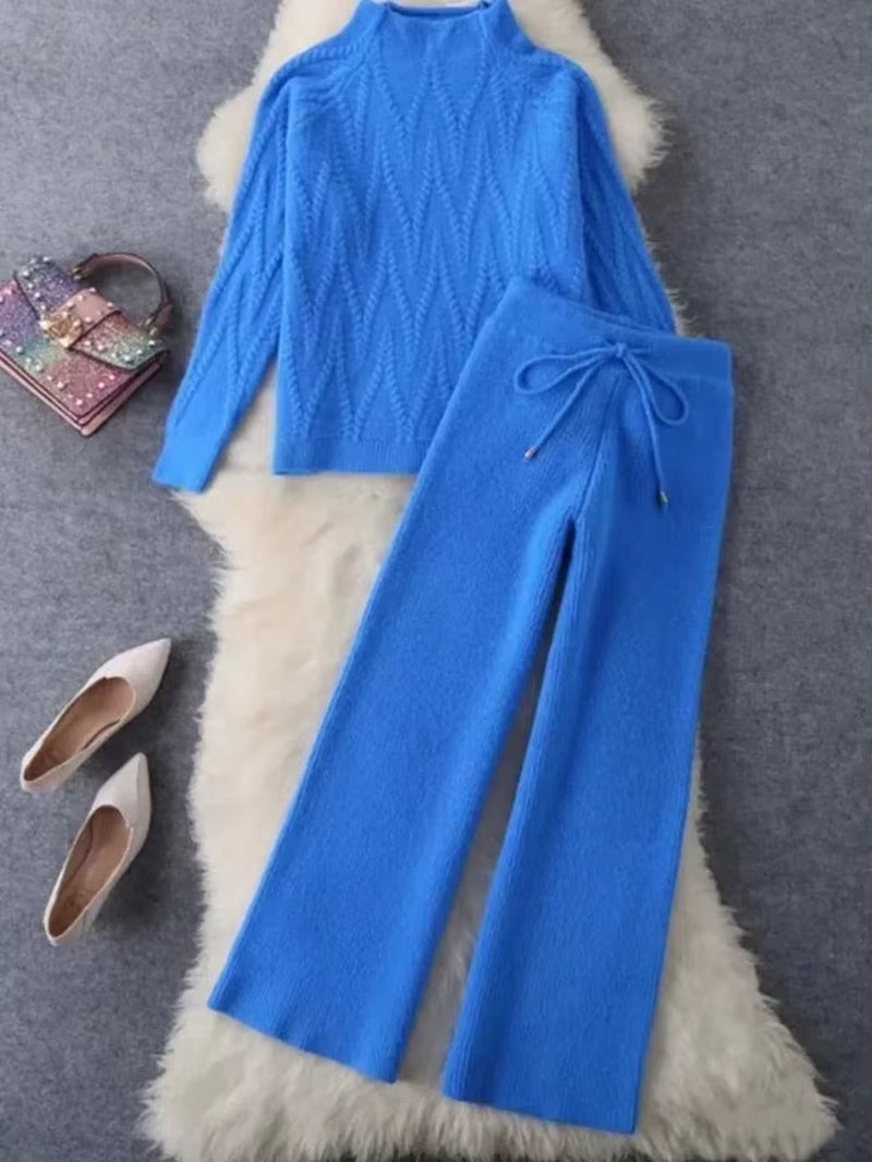Fall Winter Knitted 2 Piece Sets Half Turtleneck Soft Sweater Outfit Casual Wide Leg Pant Suits Korean Solid Warm Tracksuit New