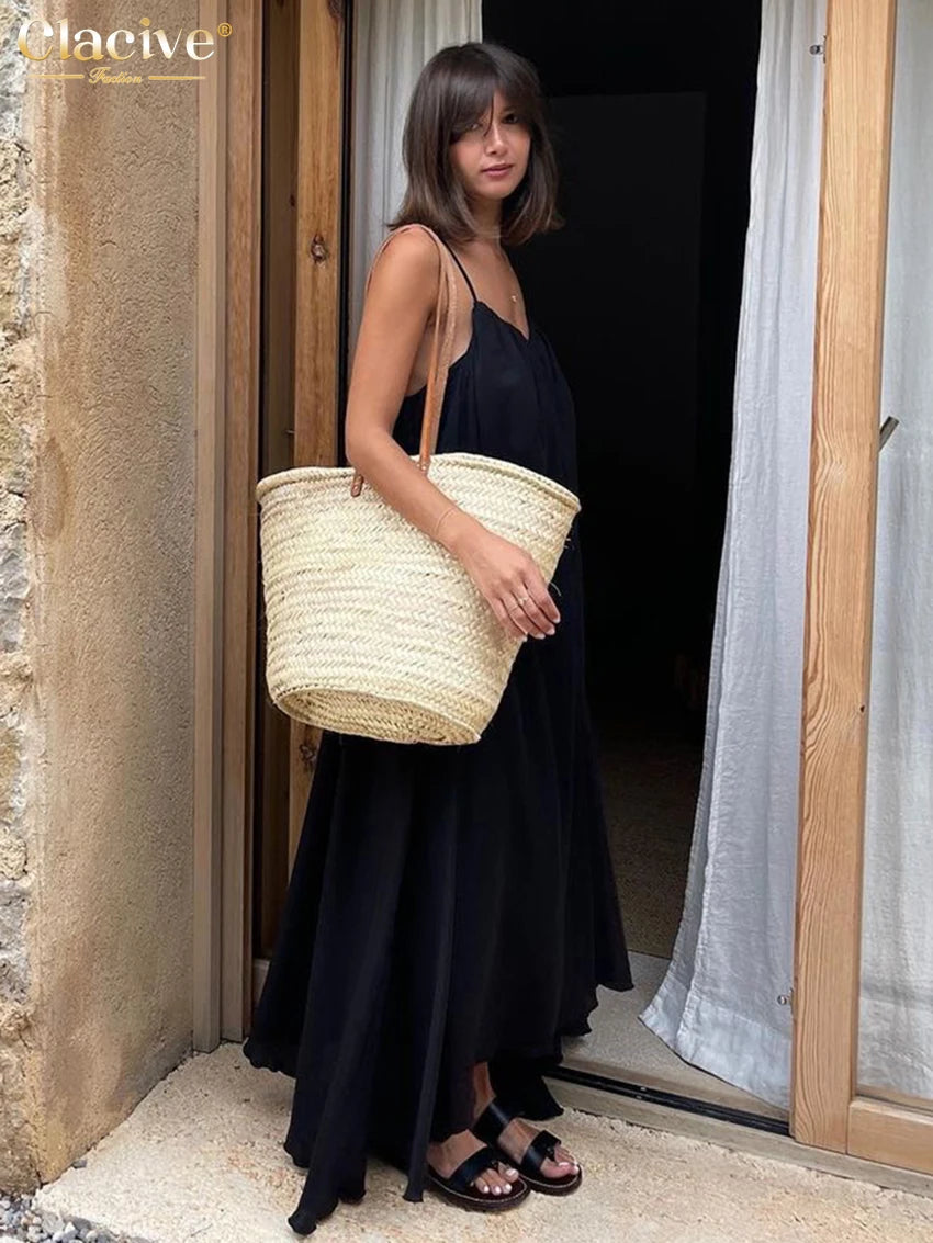 Summer Loose Black Women'S Dress 2023 Fashion Strap Sleeveless Ankle-Length Dresses Elegant Backless Female Sundress