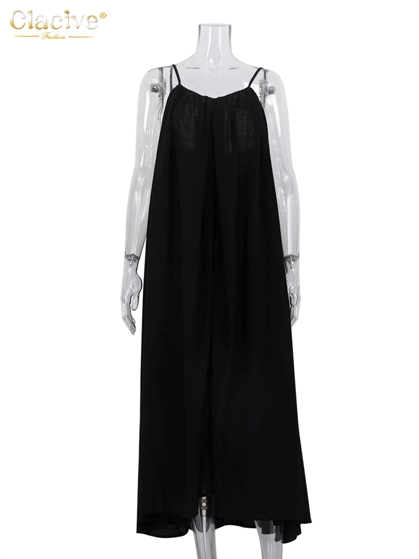 Summer Loose Black Women'S Dress 2023 Fashion Strap Sleeveless Ankle-Length Dresses Elegant Backless Female Sundress
