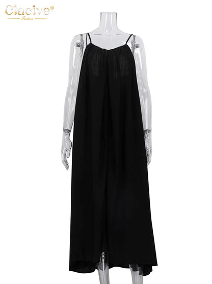 Summer Loose Black Women'S Dress 2023 Fashion Strap Sleeveless Ankle-Length Dresses Elegant Backless Female Sundress