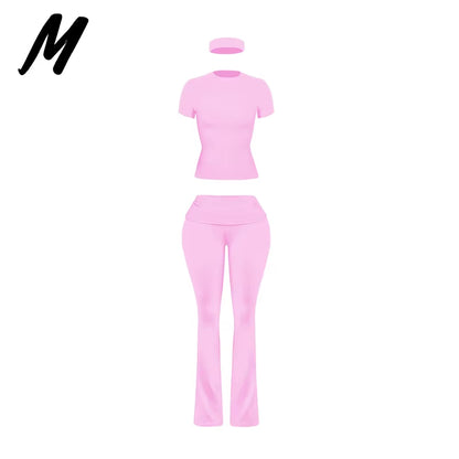 Women'S Custom Logo Short Sleeve T-Shirt Flared Hem Pants Two-Piece Set Regular Fit Sports Casual Spring/Summer Spandex/Cotton