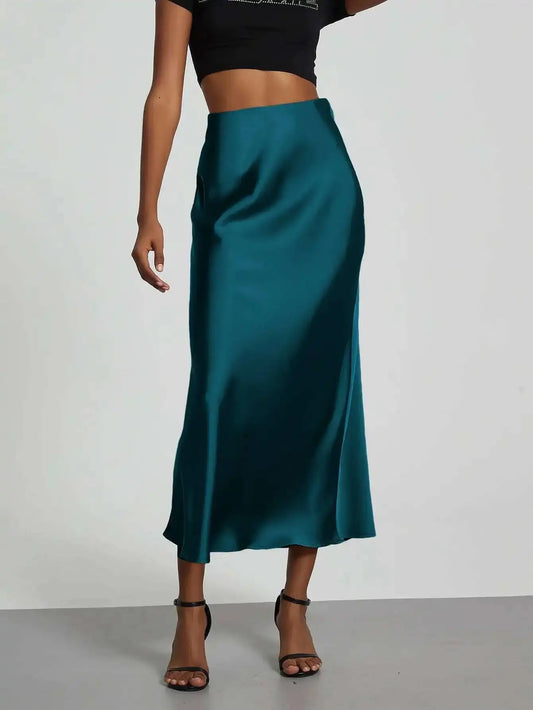 28 Colors New 2026 Women'S Elegant High Waist Satin Long Skirts Female Summer Solid Color Faldas Fashion Women Skirts KBA3